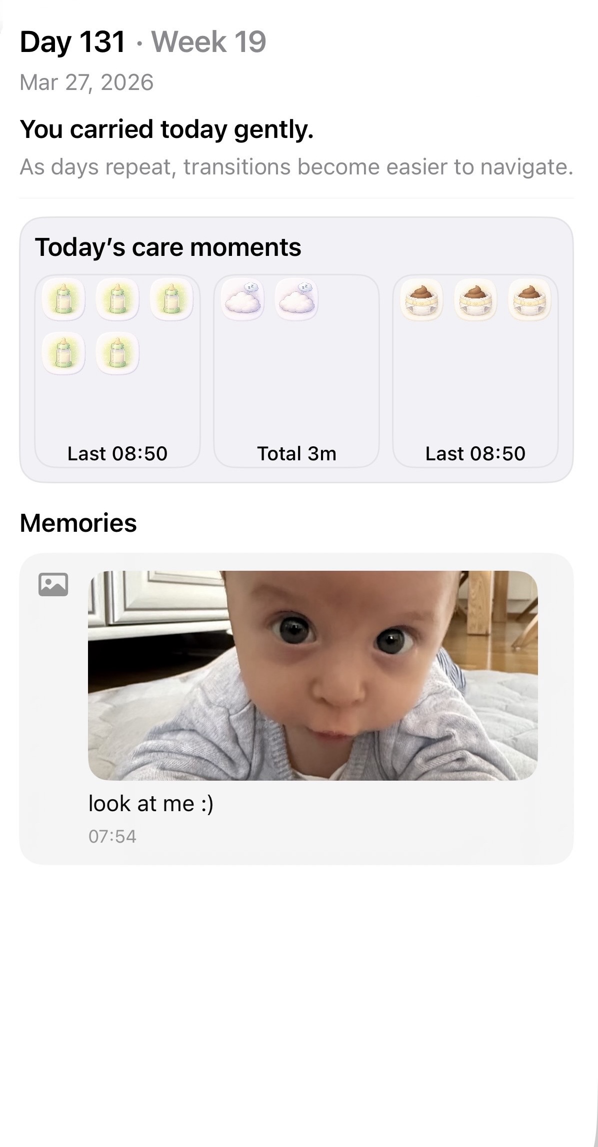NURIO app screen showing care moments and routines